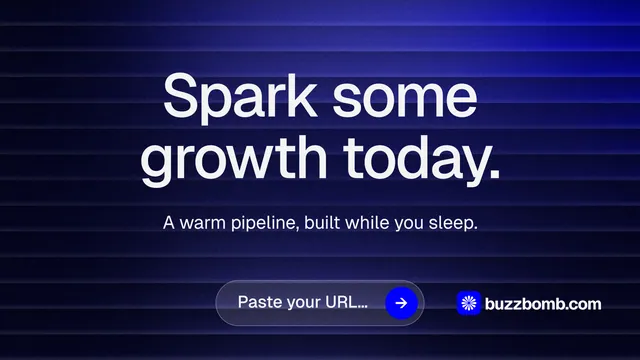 Landscape graphic for BuzzBomb: "Spark some growth today." Agentic glass style, centred layout, dark palette in blue, black.