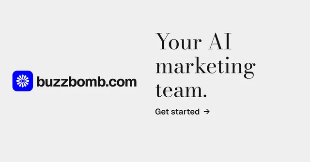 Social ad for BuzzBomb: "Your AI marketing team." Minimal luxury style, logo hero layout, light palette in white, grey.