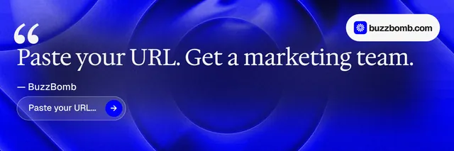 X header for BuzzBomb: "Your AI marketing team." Agentic glass style, quote layout, dark palette in blue.