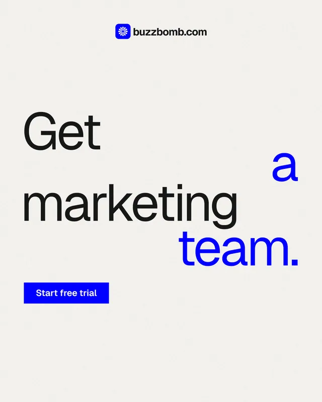 Instagram portrait post for BuzzBomb: "Get a marketing team." Swiss style, stacked layout, light palette in white, blue.