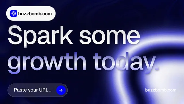 Landscape graphic for BuzzBomb: "Spark some growth today." Agentic glass style, poster layout, dark palette in blue, black.