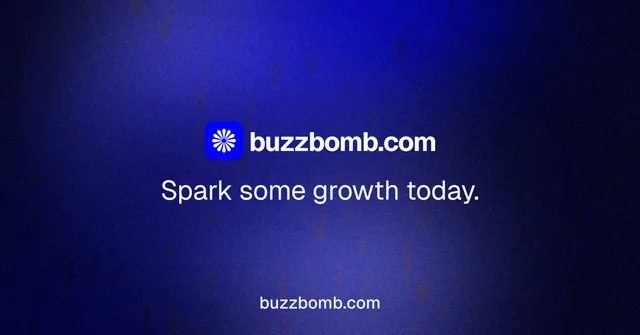 Social ad for BuzzBomb: "Spark some growth today." Agentic glass style, end card layout, dark palette in black, blue.