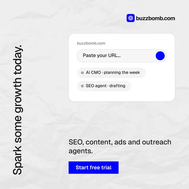 Instagram post for BuzzBomb: "Spark some growth today." Swiss style, vertical layout, light palette in white, blue.