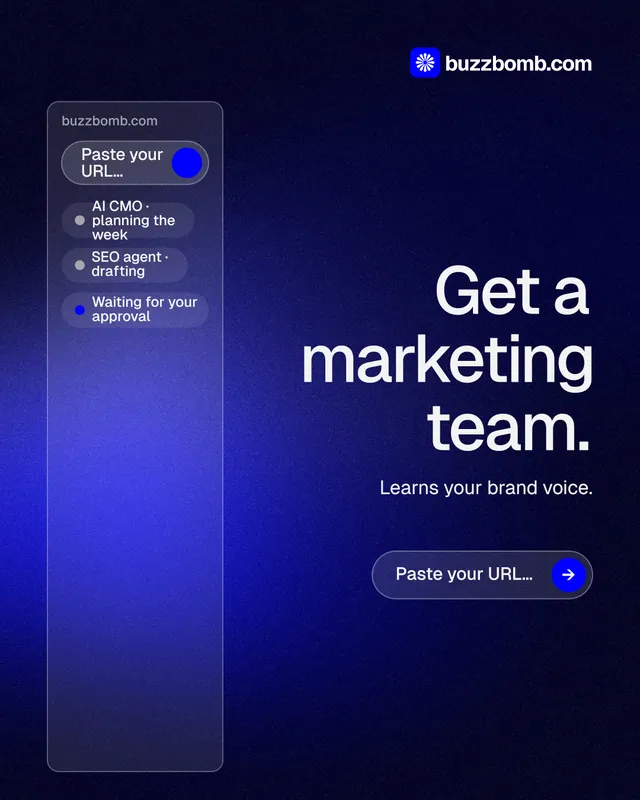 Instagram portrait post for BuzzBomb: "Get a marketing team." Agentic glass style, right layout, dark palette in black, blue.