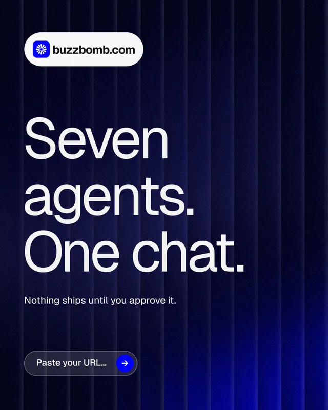 Instagram portrait post for BuzzBomb: "Seven agents. One chat." Agentic glass style, announce layout, dark palette in blue, black, grey.