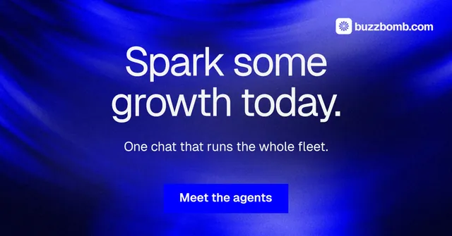 Social ad for BuzzBomb: "Spark some growth today." Swiss style, centred layout, dark palette in blue.