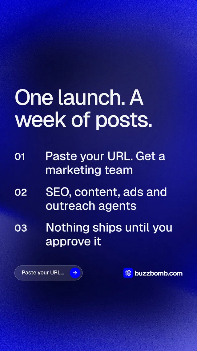 Instagram story for BuzzBomb: "One launch. A week of posts." Agentic glass style, numbered layout, dark palette in blue.