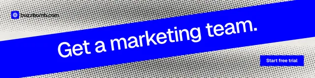 LinkedIn banner for BuzzBomb: "Get a marketing team." Swiss style, diagonal layout, dark palette in blue, grey.