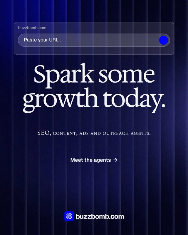 Instagram portrait post for BuzzBomb: "Spark some growth today." Agentic glass style, smallcaps layout, dark palette in black, blue, grey.