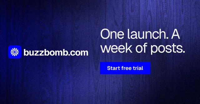 Social ad for BuzzBomb: "One launch. A week of posts." Swiss style, logo hero layout, dark palette in blue.