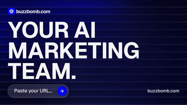 Landscape graphic for BuzzBomb: "Your AI marketing team." Agentic glass style, poster layout, dark palette in black, blue, grey.