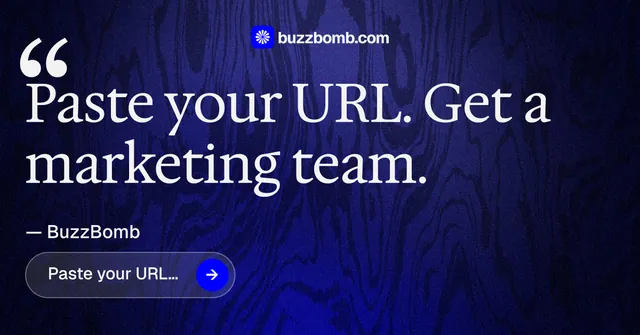 Social ad for BuzzBomb: "Paste your URL." Agentic glass style, quote layout, dark palette in black, blue, grey.