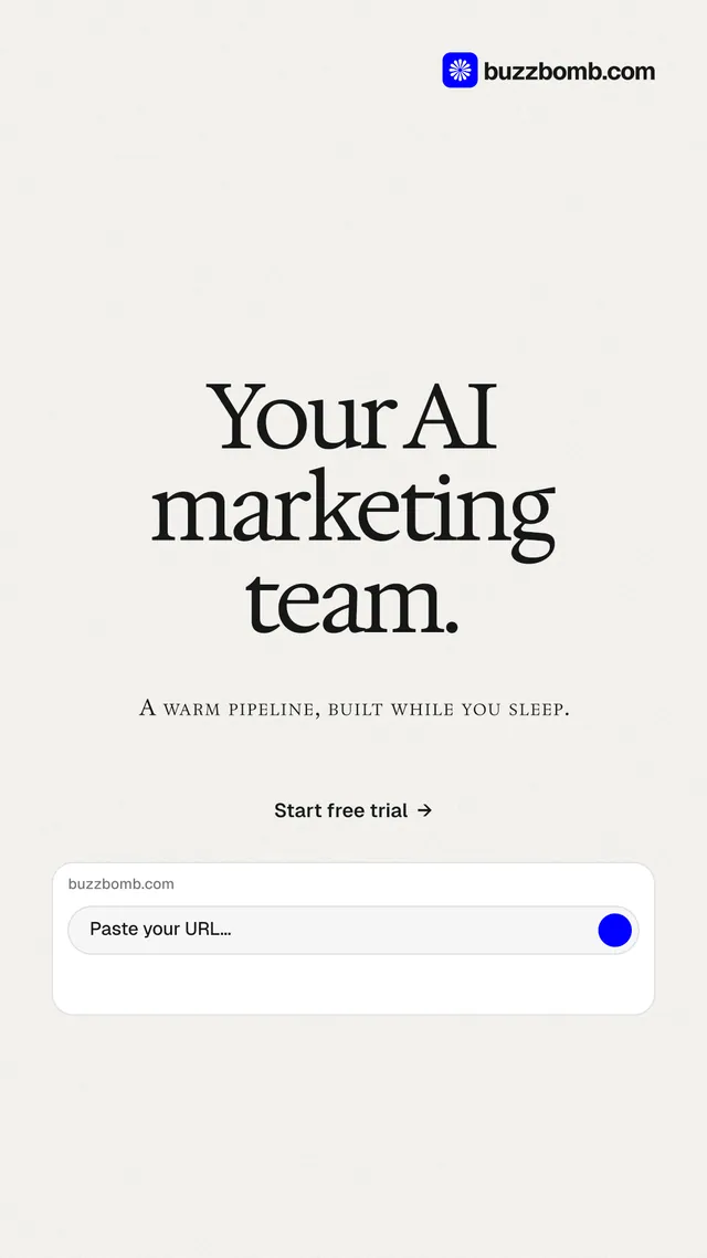Instagram story for BuzzBomb: "Your AI marketing team." Swiss style, smallcaps layout, light palette in white.