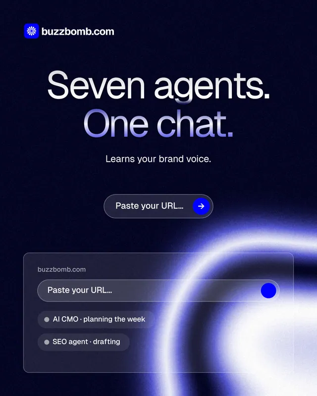 Instagram portrait post for BuzzBomb: "Seven agents. One chat." Agentic glass style, centred layout, dark palette in black, blue.