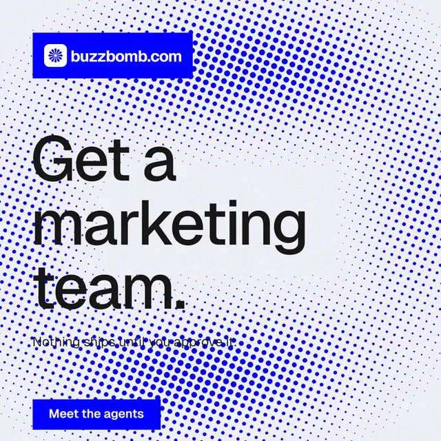 Instagram post for BuzzBomb: "Get a marketing team." Swiss style, announce layout, light palette in blue, white.