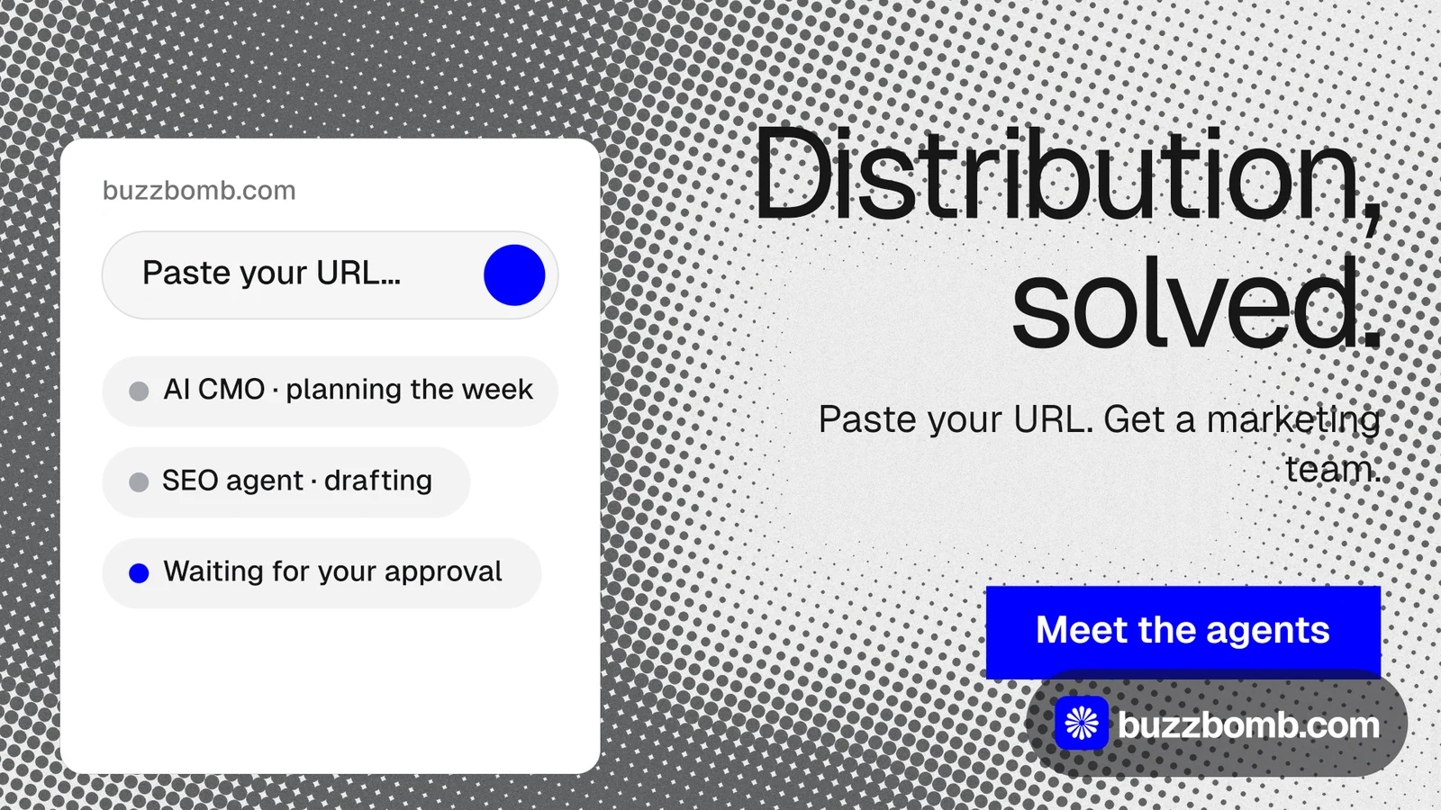Landscape graphic for BuzzBomb: "Distribution, solved." Swiss style, right layout, light palette in white, grey.