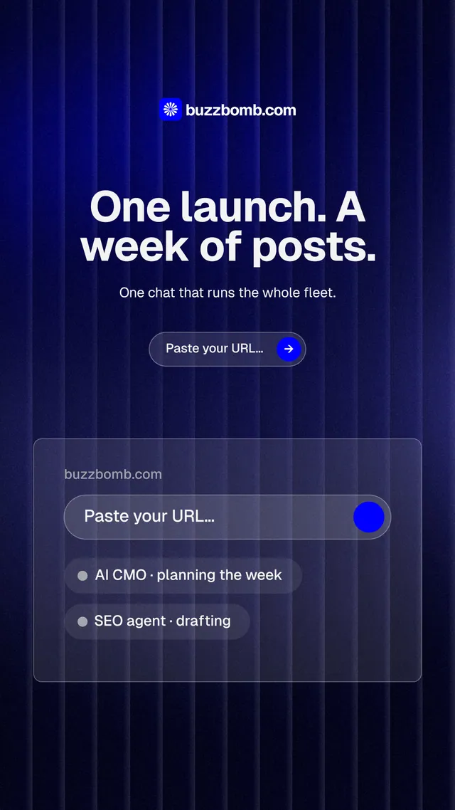 Instagram story for BuzzBomb: "One launch. A week of posts." Agentic glass style, centred layout, dark palette in black, blue, grey.