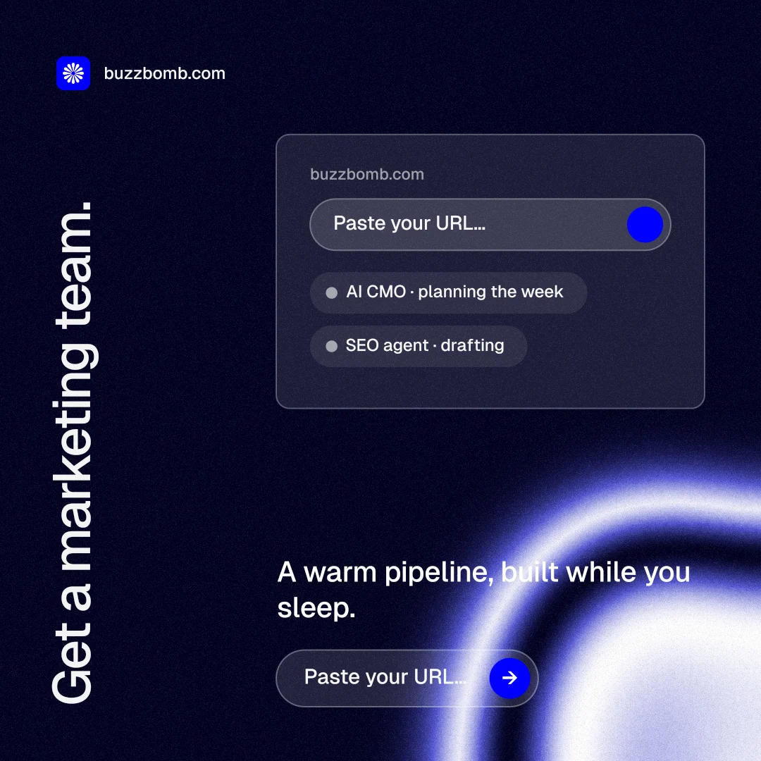 Instagram post for BuzzBomb: "Get a marketing team." Agentic glass style, vertical layout, dark palette in black, blue, grey.