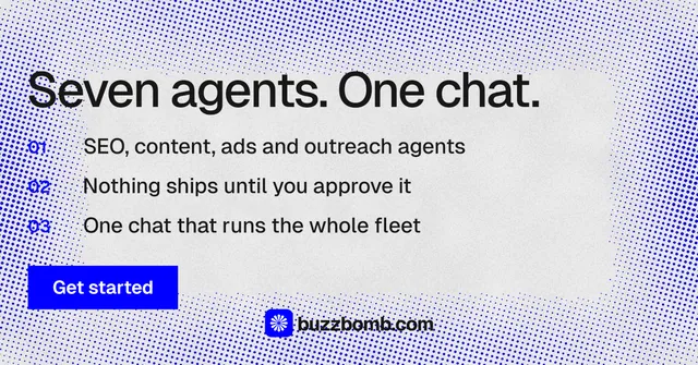 Social ad for BuzzBomb: "Seven agents. One chat." Swiss style, numbered layout, light palette in white, blue.