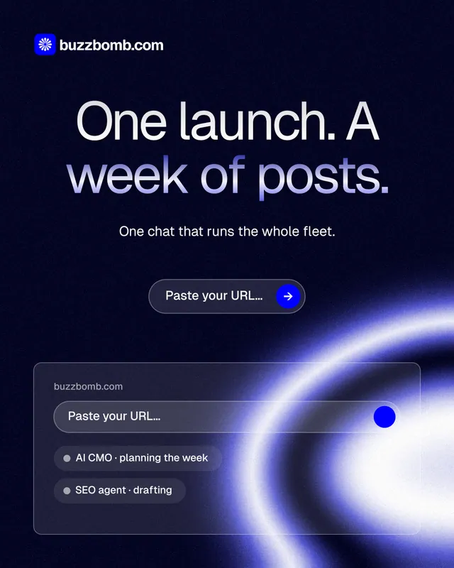 Instagram portrait post for BuzzBomb: "One launch. A week of posts." Agentic glass style, centred layout, dark palette in black, blue.