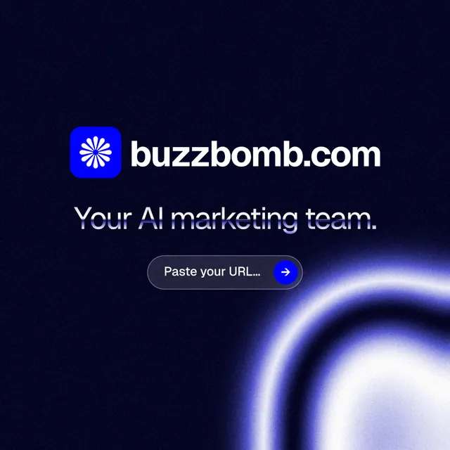 Instagram post for BuzzBomb: "Your AI marketing team." Agentic glass style, logo hero layout, dark palette in black, blue.