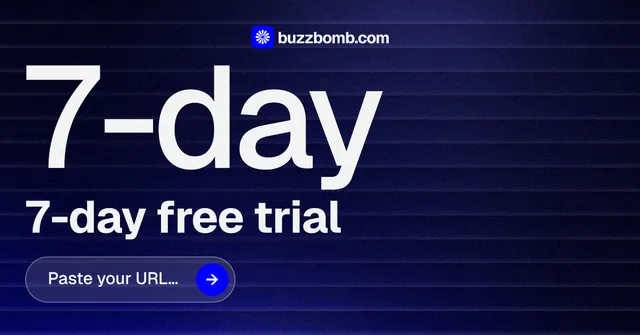 Social ad for BuzzBomb: "Get a marketing team." Agentic glass style, stat layout, dark palette in black, blue, grey.