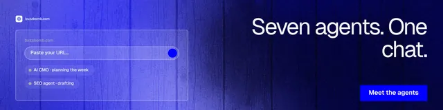 LinkedIn banner for BuzzBomb: "Seven agents. One chat." Swiss style, right layout, dark palette in blue.