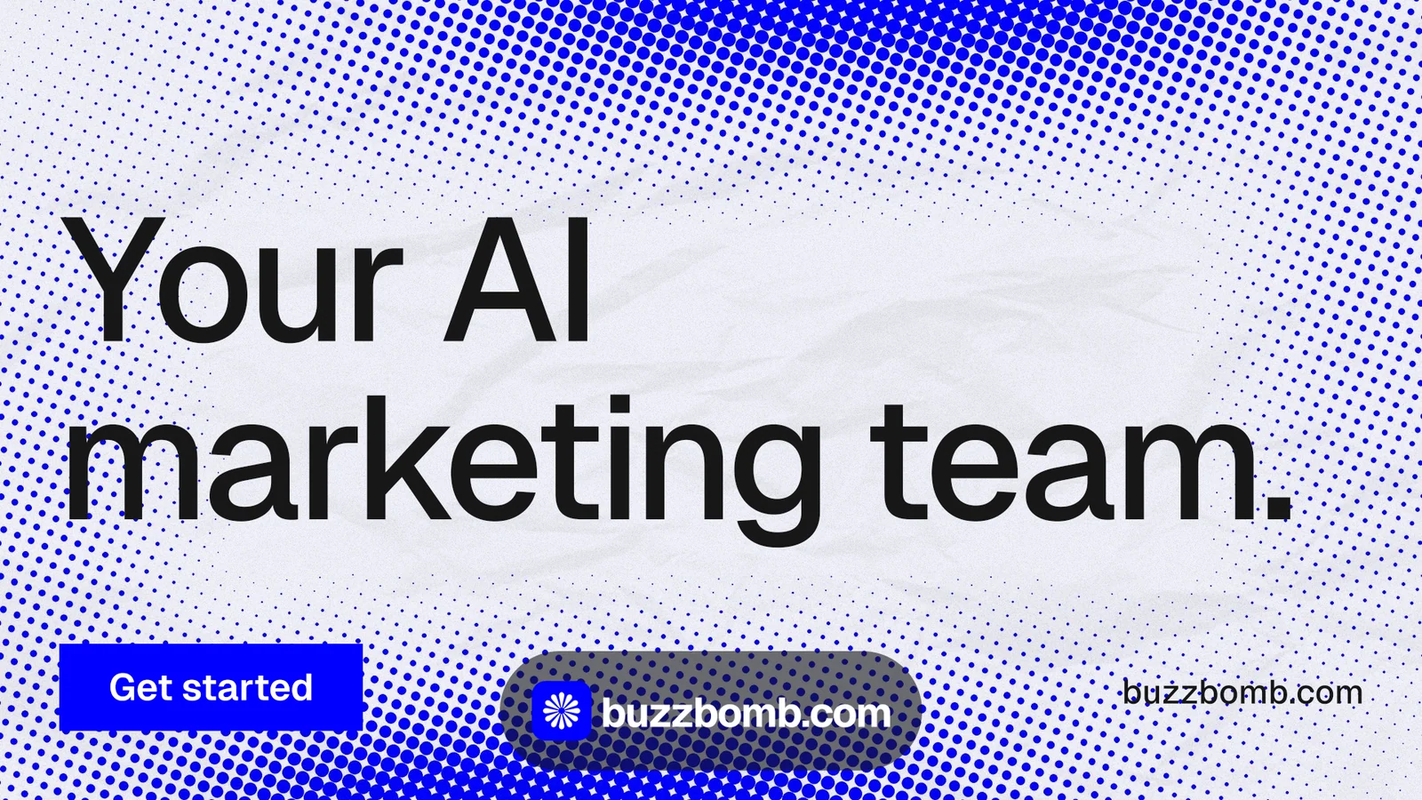 Landscape graphic for BuzzBomb: "Your AI marketing team." Swiss style, poster layout, light palette in blue, white.