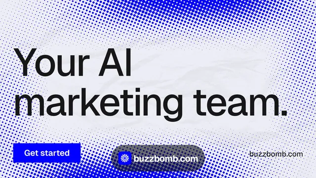 Landscape graphic for BuzzBomb: "Your AI marketing team." Swiss style, poster layout, light palette in blue, white.