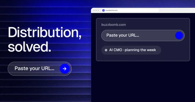 Social ad for BuzzBomb: "Distribution, solved." Agentic glass style, browser layout, dark palette in black, blue.