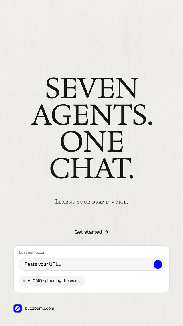 Instagram story for BuzzBomb: "Seven agents. One chat." Swiss style, smallcaps layout, light palette in white.
