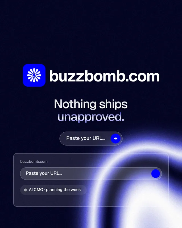 Instagram portrait post for BuzzBomb: "Nothing ships unapproved." Agentic glass style, logo hero layout, dark palette in black, blue.