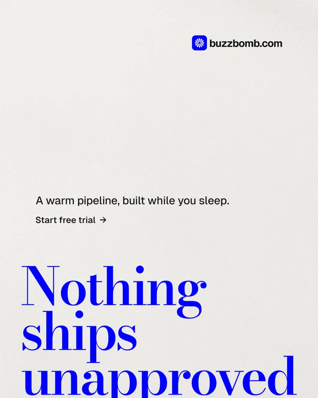 Instagram portrait post for BuzzBomb: "Nothing ships unapproved." Minimal luxury style, oversized layout, light palette in white, blue.