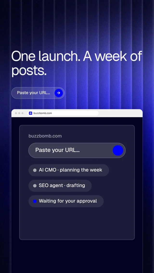 Instagram story for BuzzBomb: "One launch. A week of posts." Agentic glass style, browser layout, dark palette in black, blue.