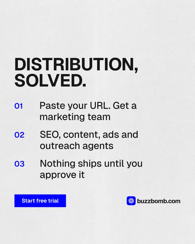 Instagram portrait post for BuzzBomb: "Distribution, solved." Swiss style, numbered layout, light palette in white, grey.