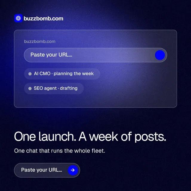 Instagram post for BuzzBomb: "One launch. A week of posts." Agentic glass style, bottom layout, dark palette in blue, black.
