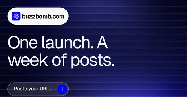 Social ad for BuzzBomb: "One launch. A week of posts." Agentic glass style, announce layout, dark palette in blue, black, grey.