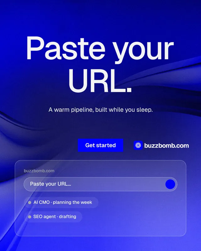 Instagram portrait post for BuzzBomb: "Paste your URL." Swiss style, centred layout, dark palette in blue.