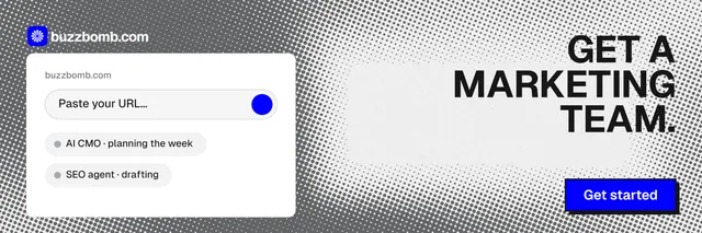 X header for BuzzBomb: "Get a marketing team." Brutalist style, right layout, light palette in grey, white.