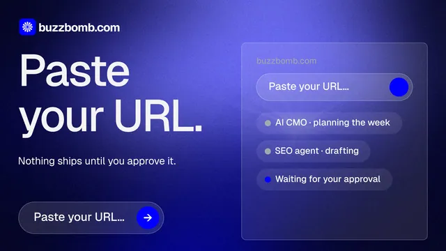 Landscape graphic for BuzzBomb: "Paste your URL." Agentic glass style, bottom layout, dark palette in blue.