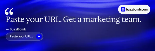 X header for BuzzBomb: "Paste your URL." Agentic glass style, quote layout, dark palette in blue.