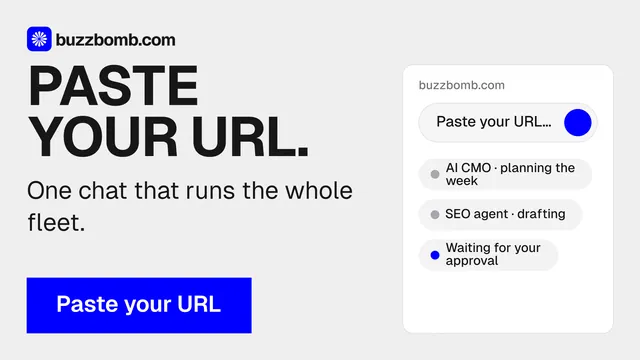 Landscape graphic for BuzzBomb: "Paste your URL." Swiss style, skeleton layout, light palette in white, blue.