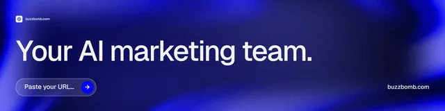 LinkedIn banner for BuzzBomb: "Your AI marketing team." Agentic glass style, poster layout, dark palette in blue.