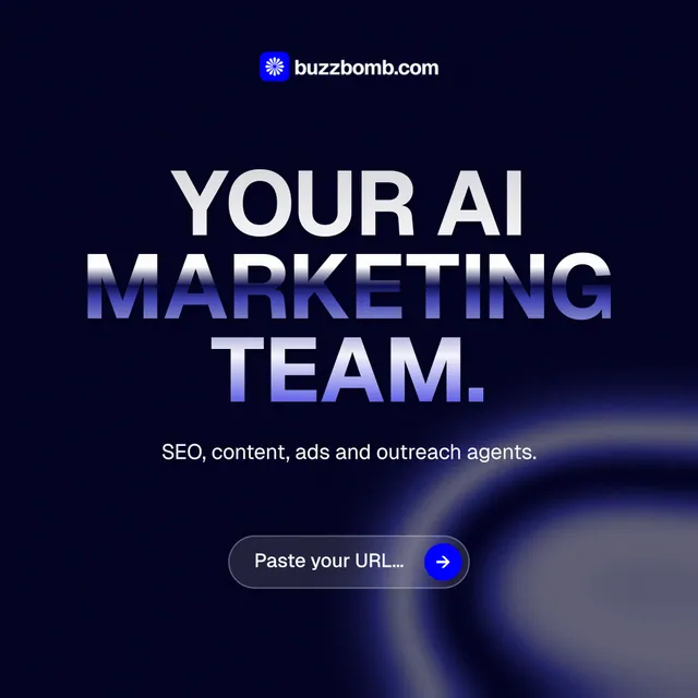 Instagram post for BuzzBomb: "Your AI marketing team." Agentic glass style, centred layout, dark palette in black, blue.