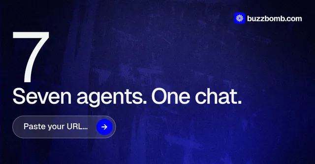 Social ad for BuzzBomb: "One launch. A week of posts." Agentic glass style, stat layout, dark palette in blue, black.