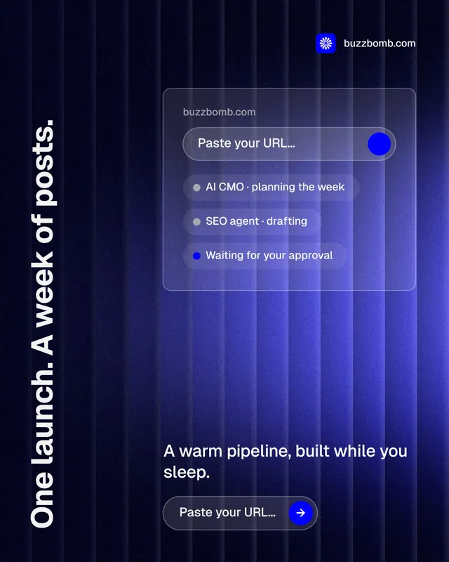 Instagram portrait post for BuzzBomb: "One launch. A week of posts." Agentic glass style, vertical layout, dark palette in blue, black.