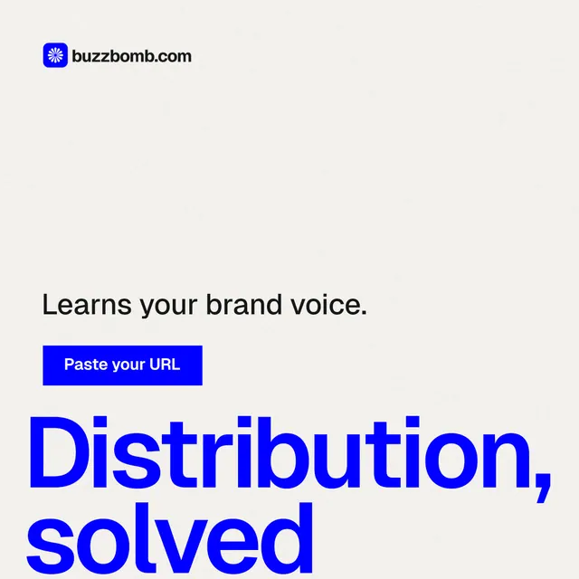 Instagram post for BuzzBomb: "Distribution, solved." Swiss style, oversized layout, light palette in white, blue.