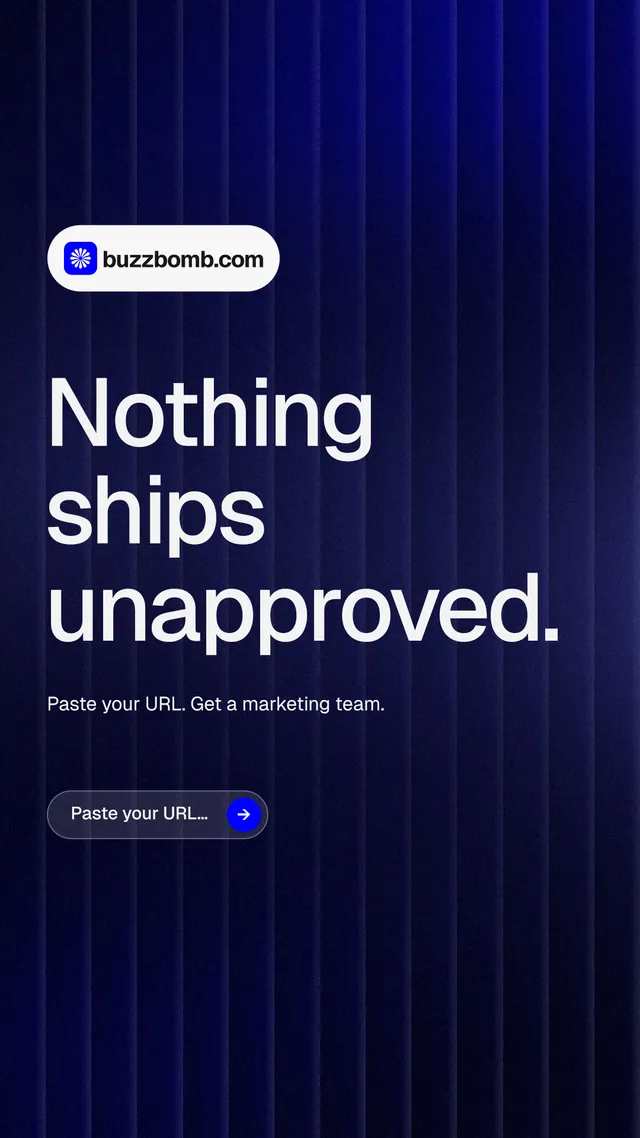 Instagram story for BuzzBomb: "Nothing ships unapproved." Agentic glass style, announce layout, dark palette in black, blue, grey.