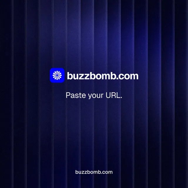 Instagram post for BuzzBomb: "Paste your URL." Agentic glass style, end card layout, dark palette in black, blue.