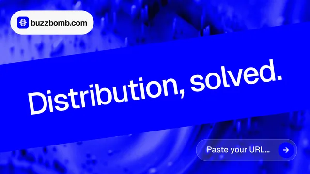 Landscape graphic for BuzzBomb: "Distribution, solved." Agentic glass style, diagonal layout, dark palette in blue.
